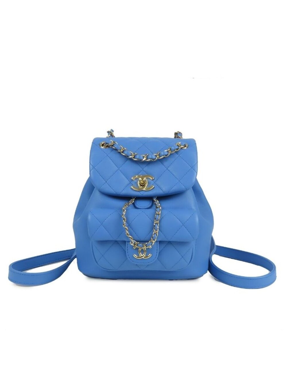 Chanel Chain Backpack Blue Gold Leather Quilted Stitch CC Logo